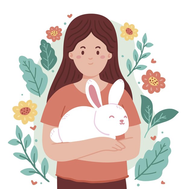 Hand drawn woman holding a bunny illustration