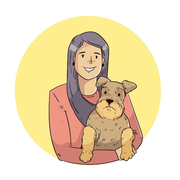 Hand drawn woman holding cute dog