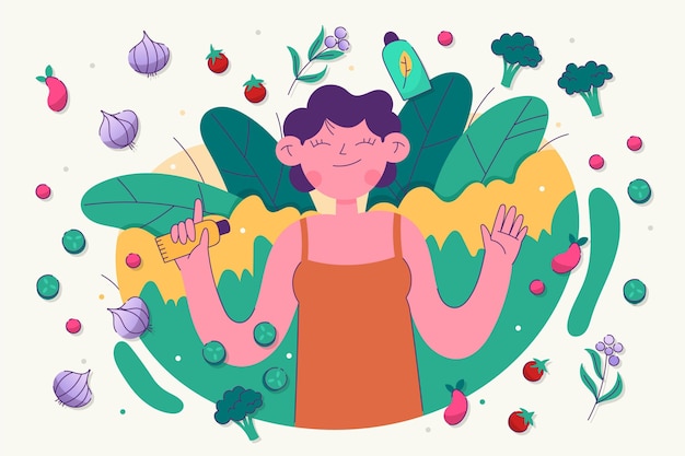 Vettore gratuito donna disegnata a mano che tiene prodotti vegani