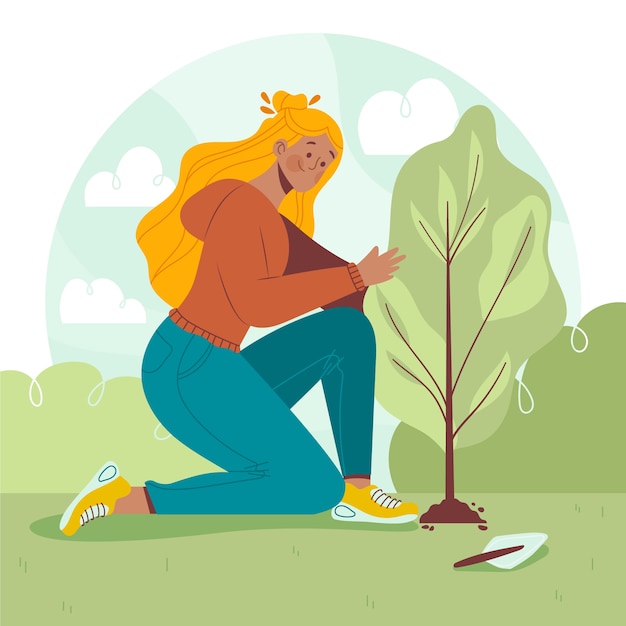 Hand drawn woman planting tree illustration