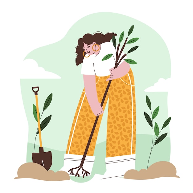 Hand drawn woman planting tree