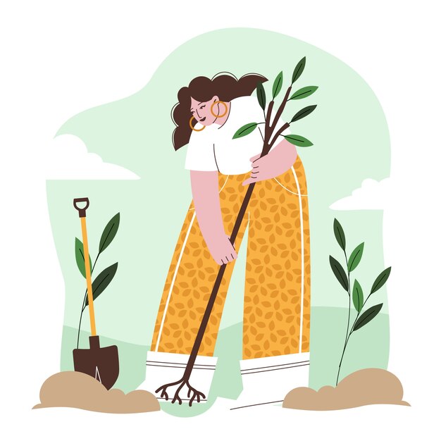 Нарисованная рукой женщина сажает дерево