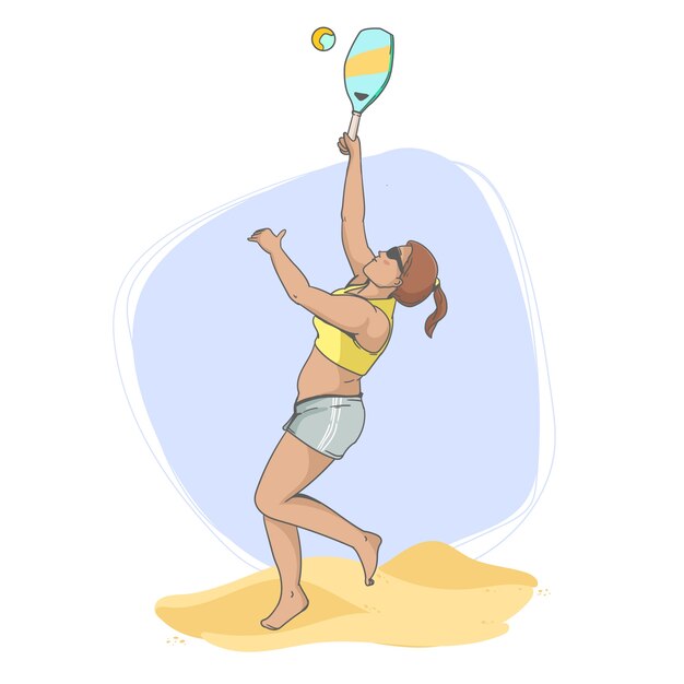 Hand drawn woman playing beach tennis illustration