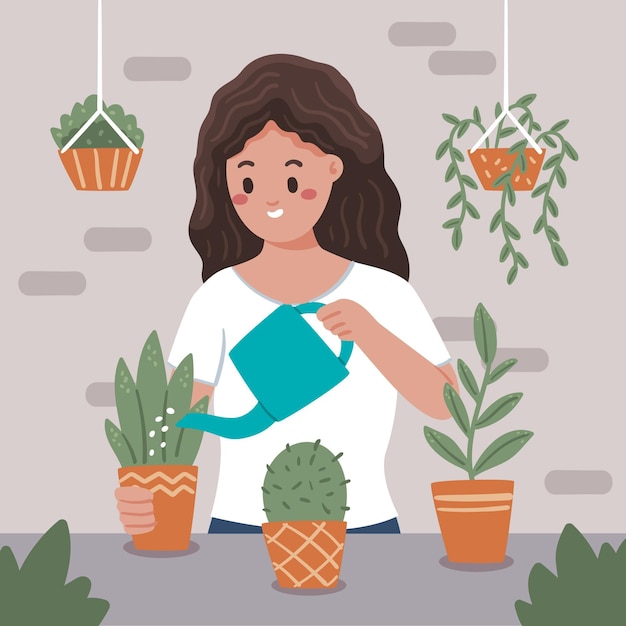 Нарисованная рукой женщина заботится о растениях