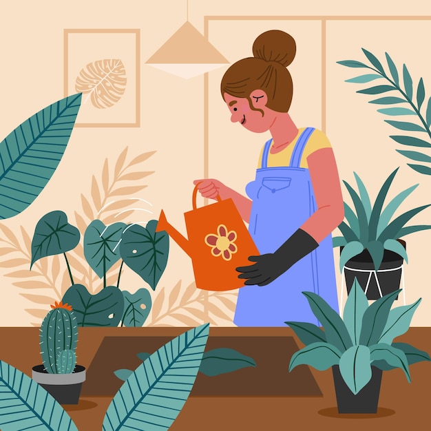 Free vector hand drawn woman taking care of plants