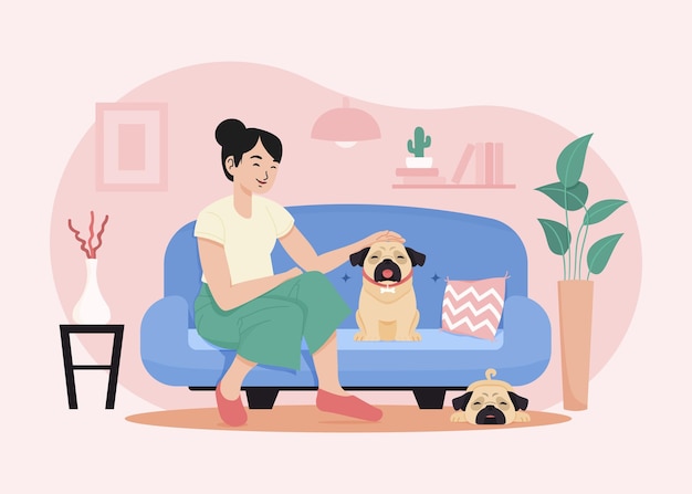 Hand drawn woman with cute dogs