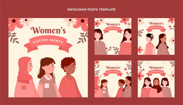 無料ベクター 手描きの女性史月間instagramの投稿コレクション