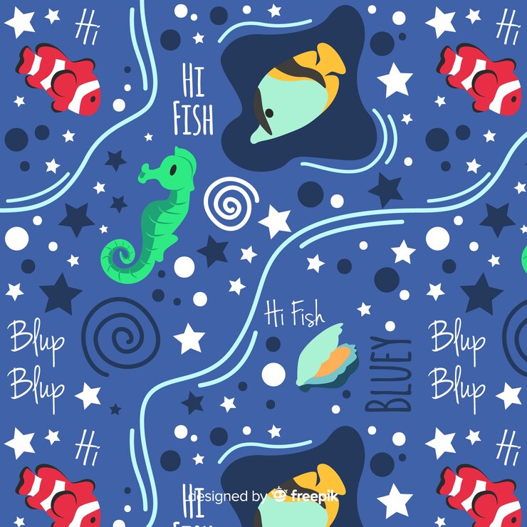 Free Vector hand drawn words and sea animals pattern