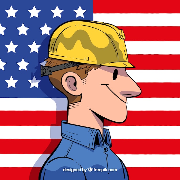 無料ベクター 手描きの労働者とアメリカの旗