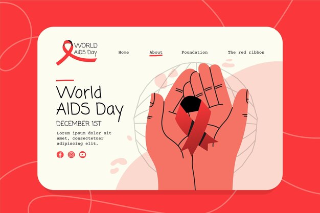 Hand drawn world aids day landing page template with hands holding ribbon