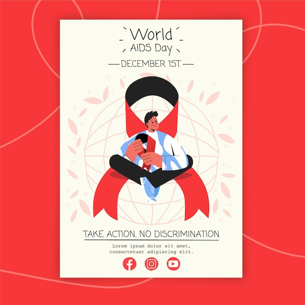 Vettore gratuito modello di poster verticale disegnato a mano per la giornata mondiale dell'aids con un uomo che tiene un nastro