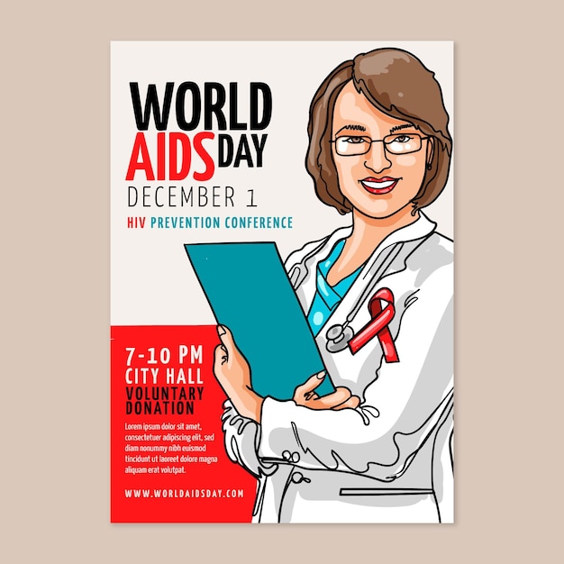 무료 벡터 손으로 그린 세계 에이즈의 날 세로 포스터 템플릿