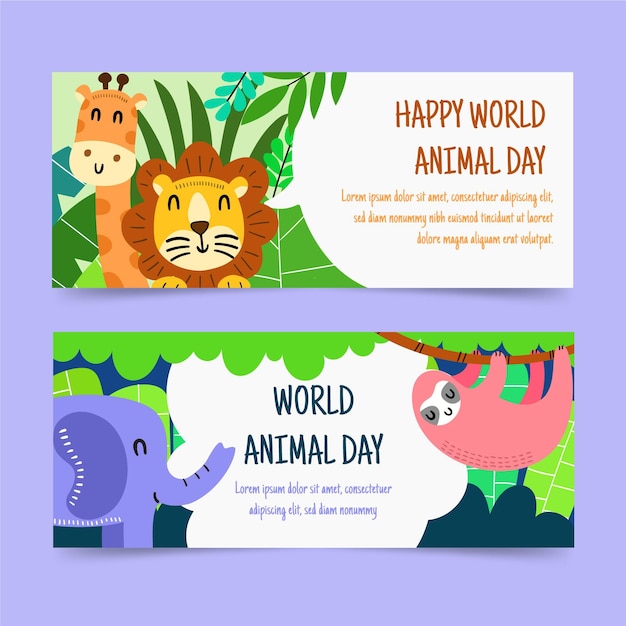 Free vector hand drawn world animal day horizontal banners set