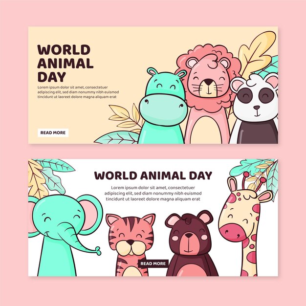 手描きの世界動物の日水平バナーセット