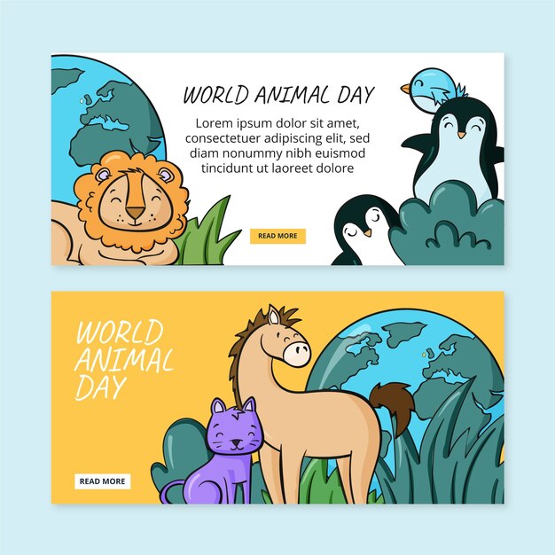 手描きの世界動物の日水平バナーセット