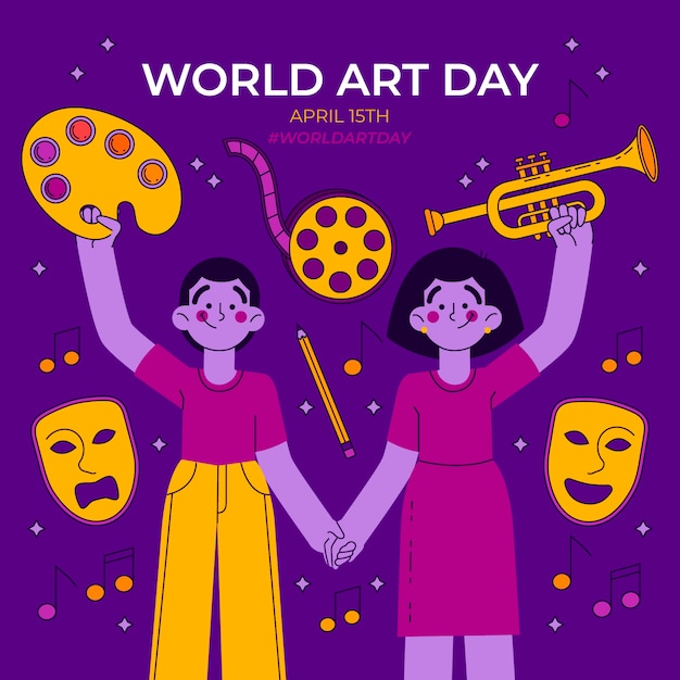 Бесплатное векторное изображение Нарисованная рукой иллюстрация всемирного дня искусства