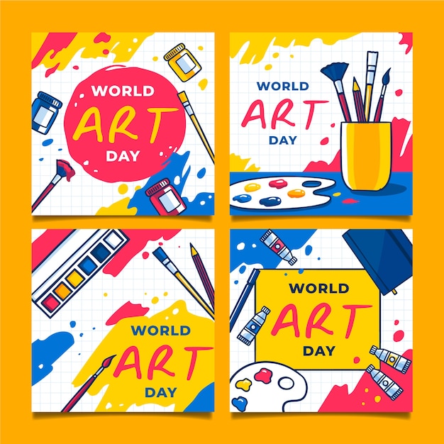 Free vector hand drawn world art day instagram posts collection