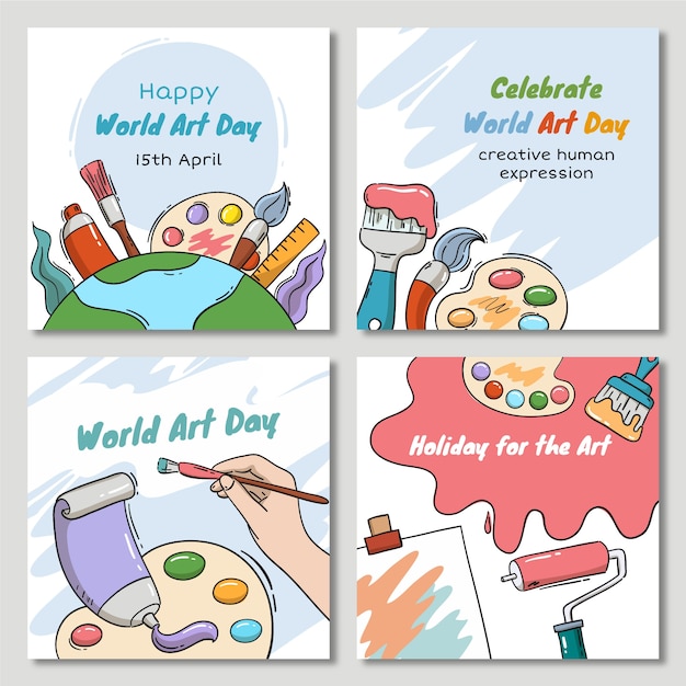 Free vector hand drawn world art day instagram posts collection