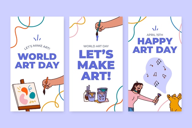 Vettore gratuito collezione di storie di instagram della giornata mondiale dell'arte disegnata a mano