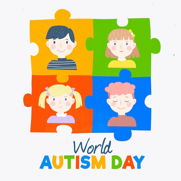 Нарисованная рукой иллюстрация дня осведомленности об аутизме с частями головоломки