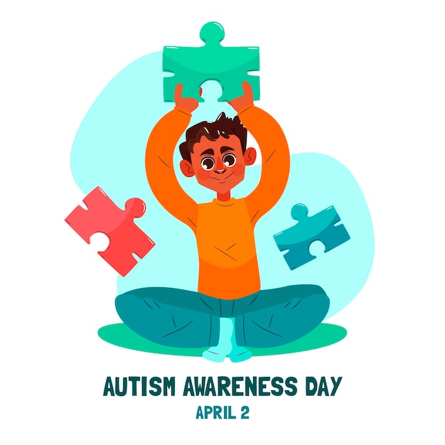 Hand drawn world autism awareness day illustration with puzzle pieces