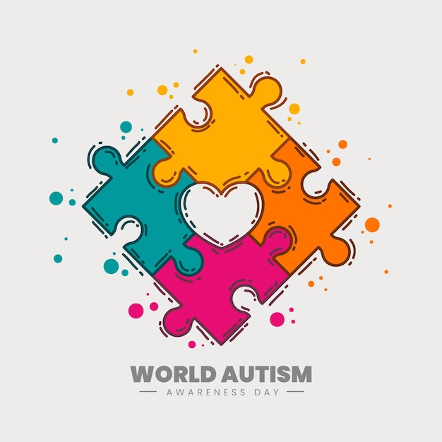 무료 벡터 퍼즐 조각으로 손으로 그린 세계 자폐증 인식의 날 그림