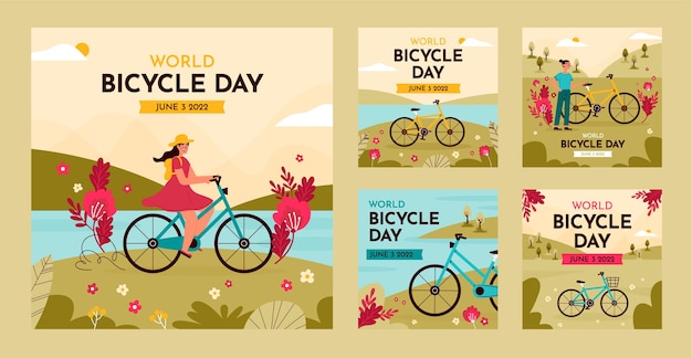 Collezione di post instagram della giornata mondiale della bicicletta disegnata a mano