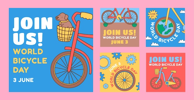 Collezione di post instagram della giornata mondiale della bicicletta disegnata a mano