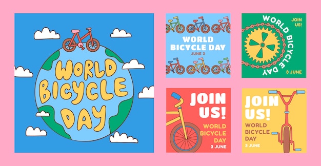 Vettore gratuito collezione di post instagram della giornata mondiale della bicicletta disegnata a mano