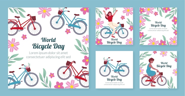 Collezione di post instagram della giornata mondiale della bicicletta disegnata a mano