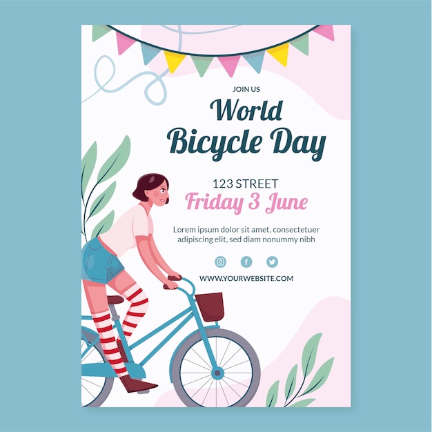손으로 그린 세계 자전거의 날 세로 포스터 템플릿