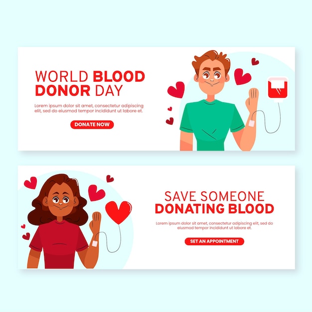 Vettore gratuito set di bandiere della giornata mondiale del donatore di sangue disegnato a mano