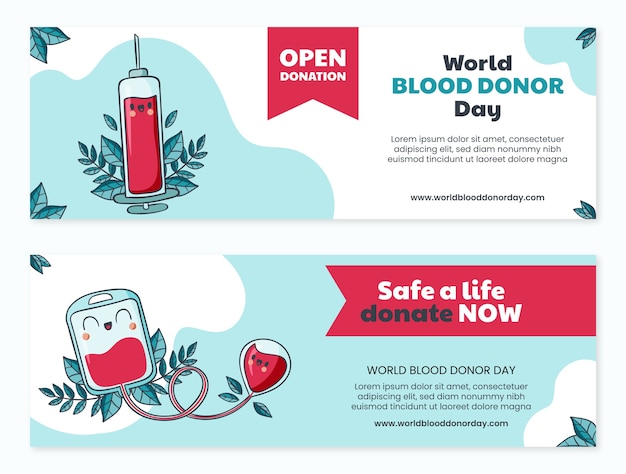 Free vector hand drawn world blood donor day horizontal banners collection