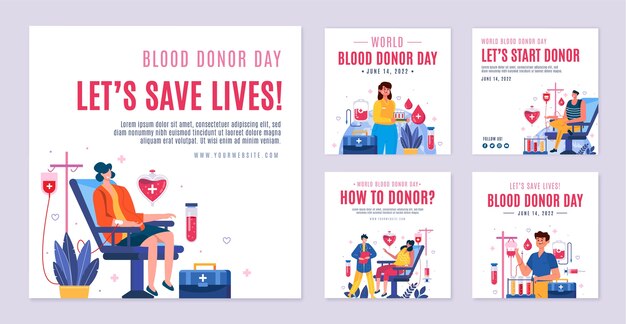 Нарисованная рукой коллекция постов instagram всемирного дня донора крови