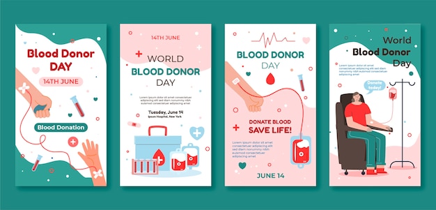 Нарисованная рукой коллекция историй instagram всемирного дня донора крови