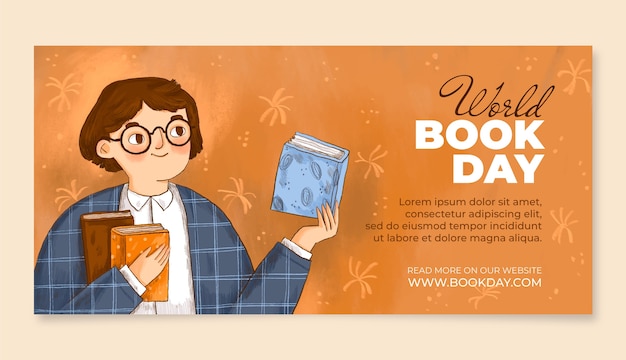 Modello di banner orizzontale della giornata mondiale del libro disegnato a mano