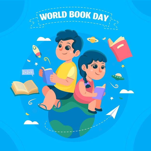 Нарисованная рукой иллюстрация всемирного дня книги с людьми, читающими