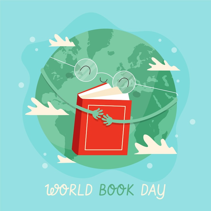 Free Vector hand drawn world book day illustration with planet hugging book