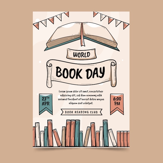 Modello di poster verticale per la giornata mondiale del libro disegnato a mano