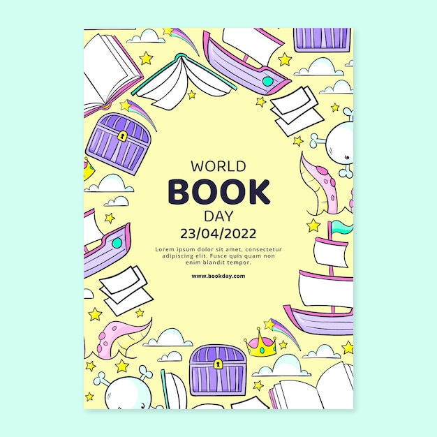 Modello di poster verticale per la giornata mondiale del libro disegnato a mano