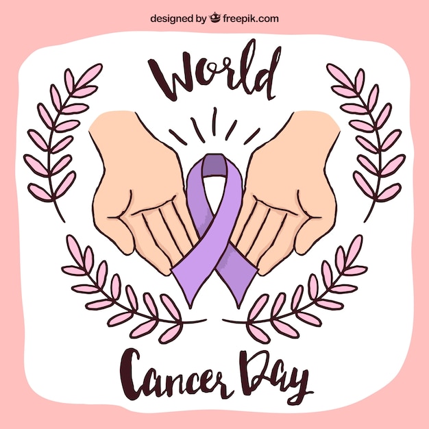 Free vector hand drawn world cancer day design with hands and purple ribbon