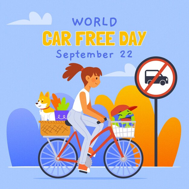 Нарисованная рукой иллюстрация дня без машины мира с женщиной, едущей на велосипеде