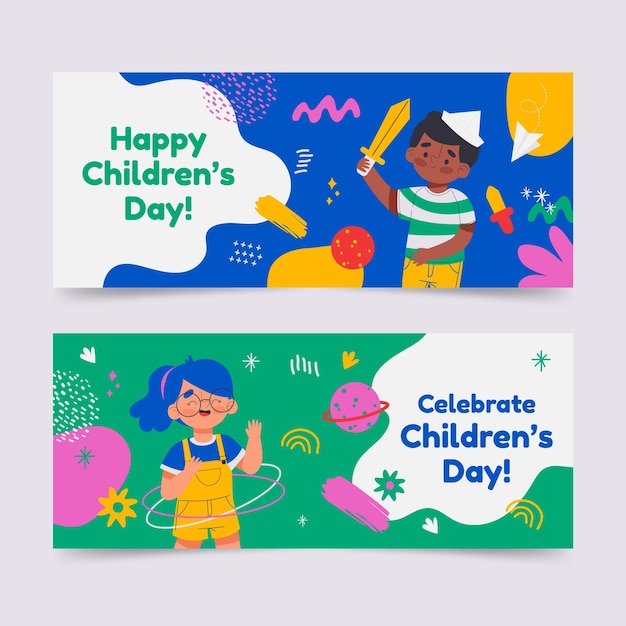 Hand drawn world children's day horizontal banners set