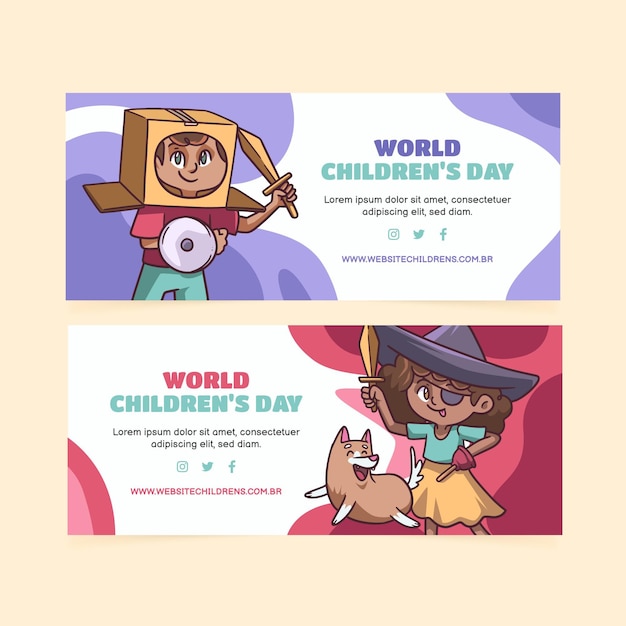 Free vector hand drawn world children's day horizontal banners set