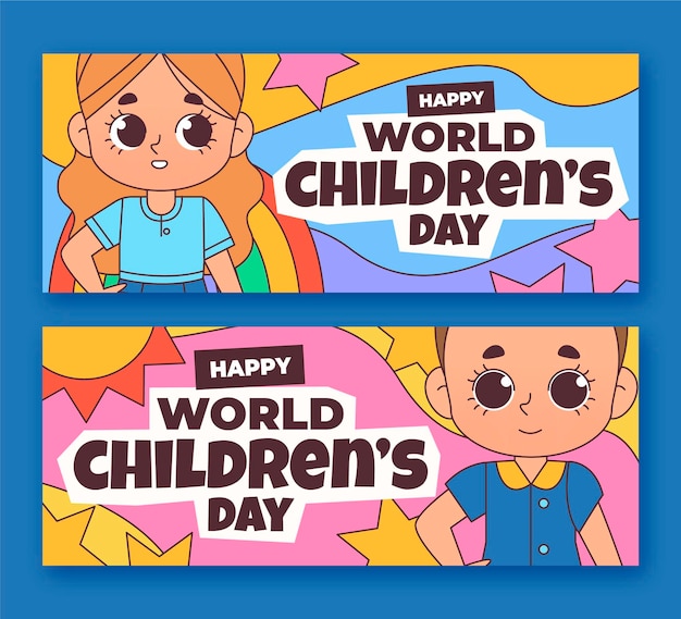 Free vector hand drawn world children's day horizontal banners set