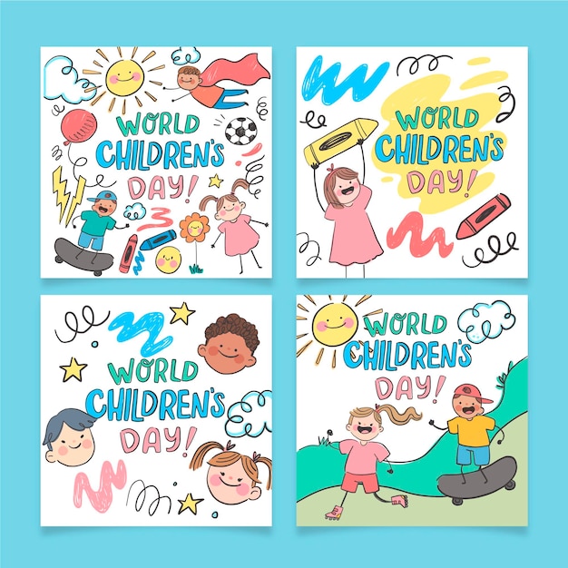 Collezione di post instagram per la giornata mondiale dei bambini disegnati a mano