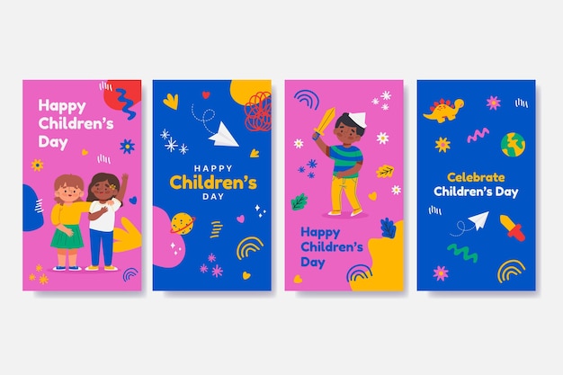 Free vector hand drawn world children's day instagram stories collection