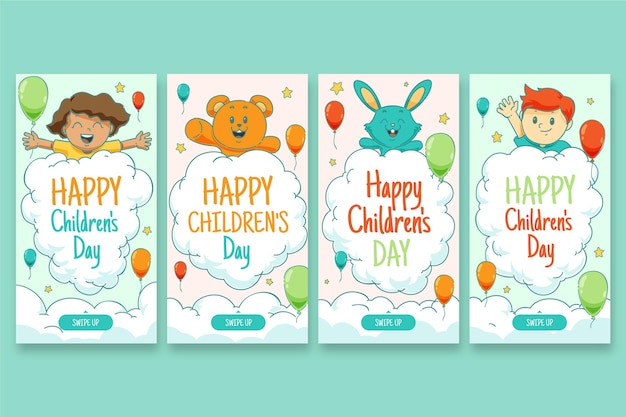 Free vector hand drawn world children's day instagram stories collection