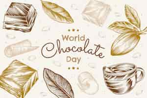 Бесплатное векторное изображение Ручной обращается всемирный день шоколада фон с шоколадом и листьями какао
