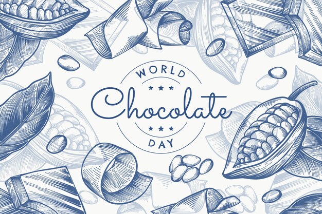 Hand drawn world chocolate day background with chocolate and cocoa bean